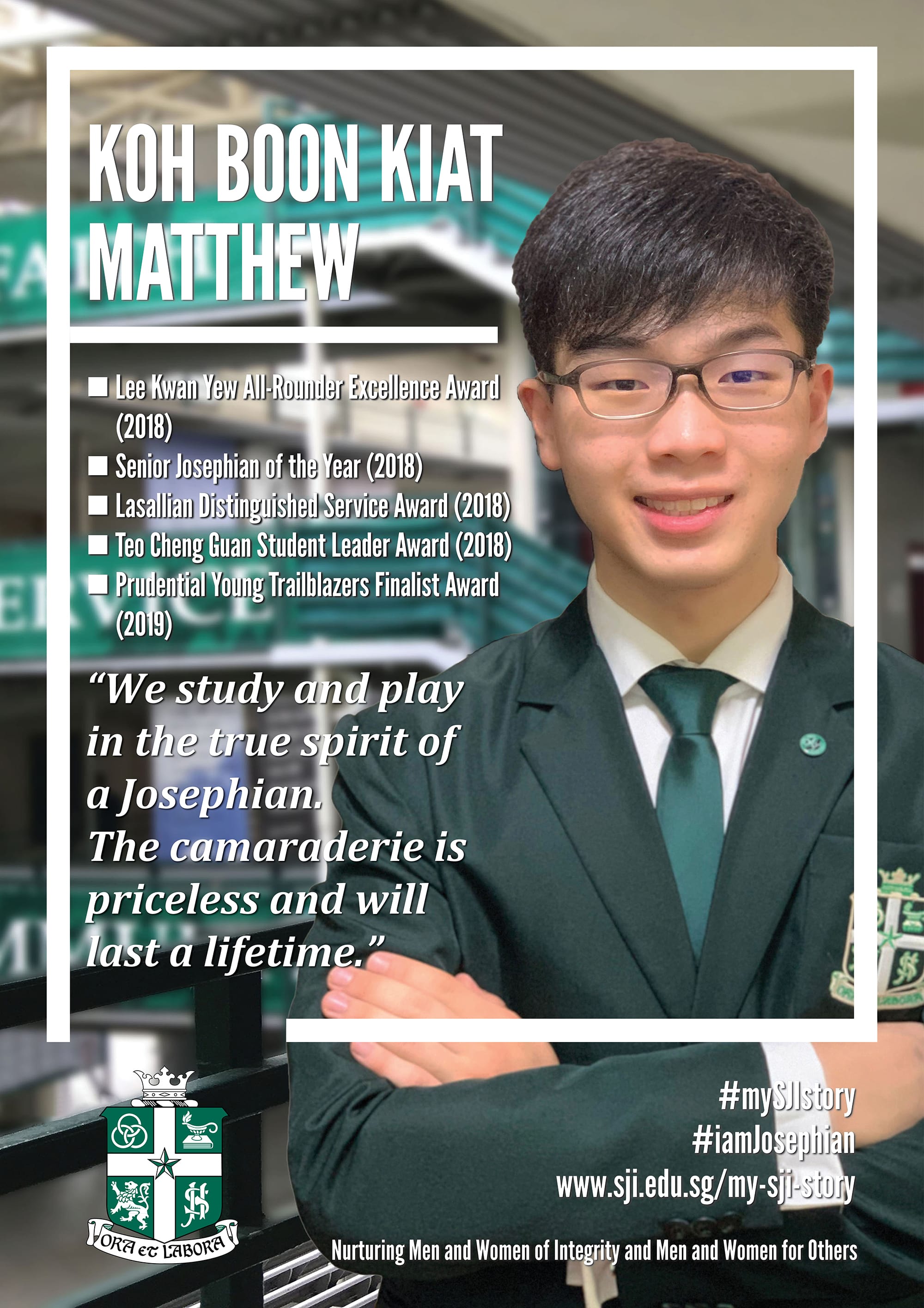 Smiling teenage boy in green school blazer and tie, arms crossed, featured on an award profile poster.